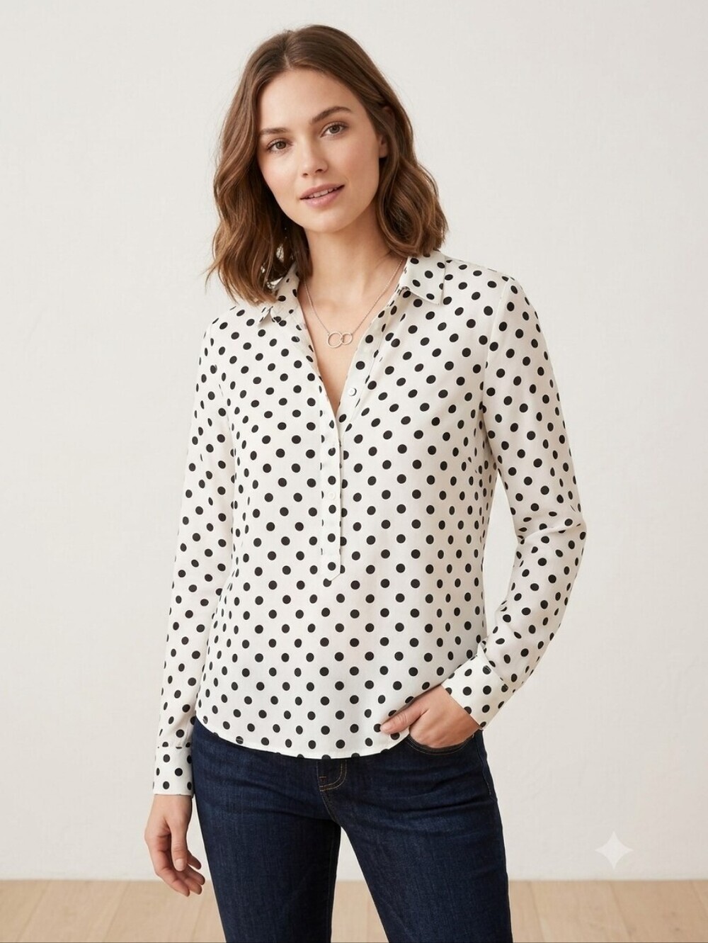 J. Crew White Blouse with Black Polka Dots